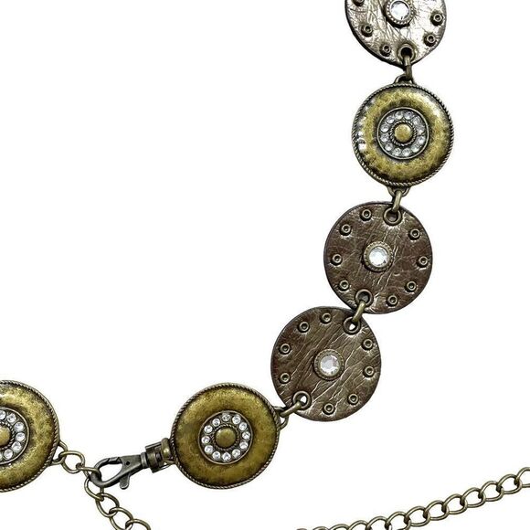 Leather metal‎ round medallion concho belt studded tooled rhinestones brass tone - Picture 4 of 8